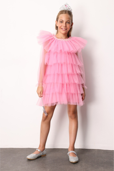 Le Mabelle Fuchsia Layered Girl's Tulle Dress - Laura