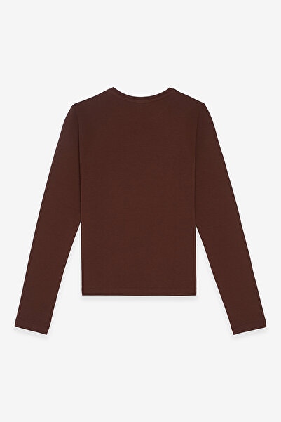 COMMON MELON Kadın Yuvarlak Yaka Uzun Kollu Basic Pamuklu Bluz Kahverengi
