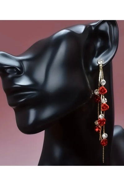 ER TAKI Stoned Gold Colored Red Rose Detailed Long Dangle Stylish Tassel Engagement Henna Wedding Evening Dress Earrings