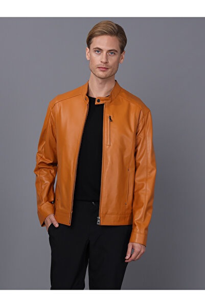 Basics&More سترة رجالية من جلد الجمل الأصلي بتفاصيل سحاب - S5