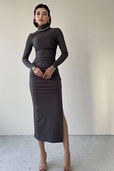 WOMAN VISION Kadın Füme Sandy Kumaş Yarım Balıkçı Yaka ve Yırtmaçlı Tasarım M...