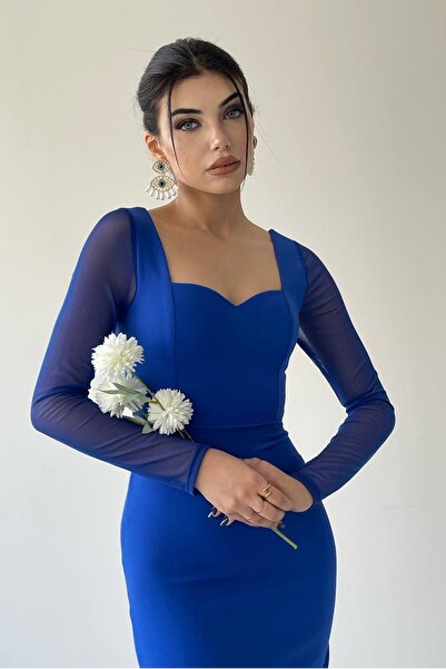 WOMAN VISION Kadın Saks Mavi  Atlas Kumaş Kalp Yaka Tül Kol Detay Midi Kalem Abiye  Elbise 321