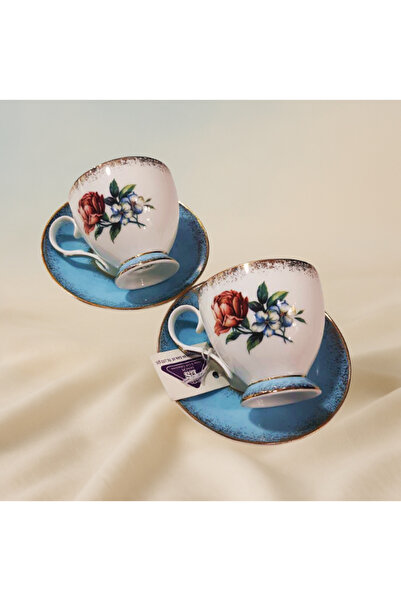 Luyano Güllü Mavi 2'li Kahve Fincan Seti Yuvarlak New Bone China Porselen Şık Tasarım