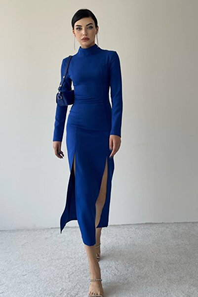barış sülün lovebox Kadın Atlas Kumaş Yarım Balıkçı Yaka Çift Yırtmaç Tasarımlı Saks Mavi Midi Elbise 339