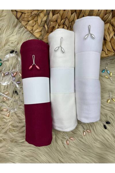 LA SEFA 3 قطع شال قطن ممشط عادي-بوردو-أبيض-إيكورا