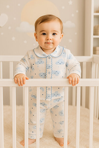 anne dokunuşu gibi KUZUM BEBE Blue Star Collar Cotton Fabric Double Baby Bodysuit Set