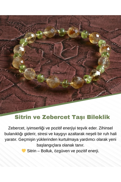 Saff Doğal Taş Sertifikalı Orijinal Doğal Sitrin ve Zebercet (Peridot) Taşı Bileklik