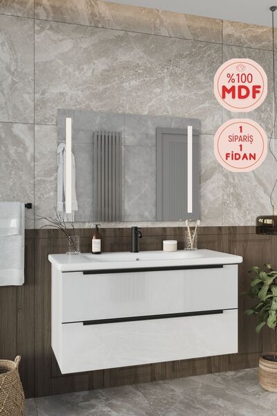 BALNEOM Banyo Kadife Beyaz Parlak Hıgh Gloss %100 Mdf 100 Cm Banyo Dolabı Led Işıklı Aynalı Üst Dolap