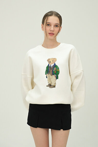 The Champ Clothing Kadın Beyaz Oversize Sweatshirt Ayı Baskılı 3 İplik Şardonlu Kışlık Model