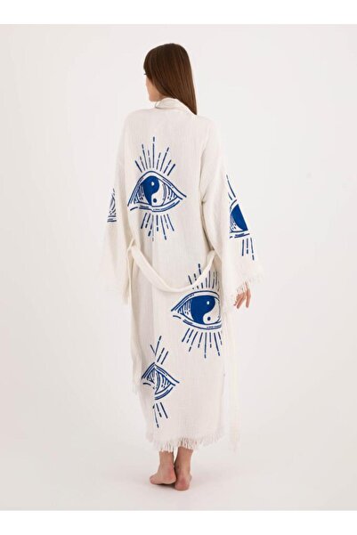 LaraLisa 4 Layer Fabric Special Print Patterned Natural Natural Muslin Kaftan Kimono Peshtemal Bathrobe