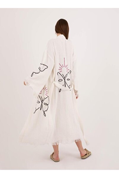 LaraLisa Collection 4 Layers Natural Muslin Cotton Fabric Chemical Treatment Unprocessed Hand Printed Kaftan Kimono Peshtemal Bathrobe