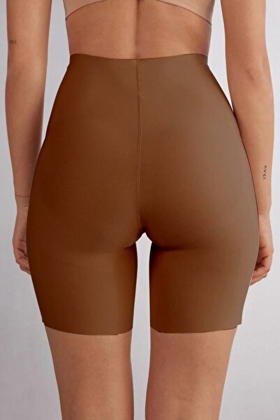 MİSTİRİK Anoky Model High Waist Stretch Fabric Waist Silicone Laser Cut Shorts Corset Coffee Color