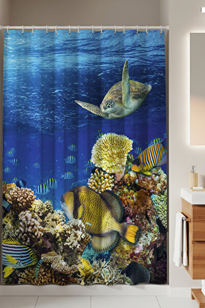 Tropikhome Akvaryum Desen Banyo Perdesi 180x200 cm Duş Perdesi