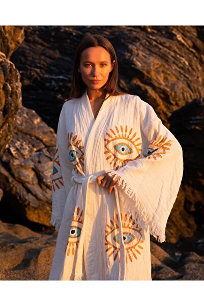 LaraLisa Collection 4 Layers Natural Muslin Cotton Fabric Chemical Treatment Unprocessed Hand Printed Kaftan Kimono Peshtemal Bathrobe