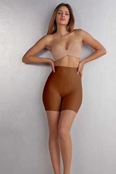 MİSTİRİK Anoky Model High Waist Stretch Fabric Waist Silicone Laser Cut Shorts Corset Coffee Color