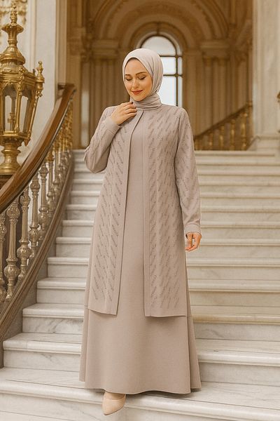 Neva Style Bead Embroidered Beige Hijab Abaya 29120Beige
