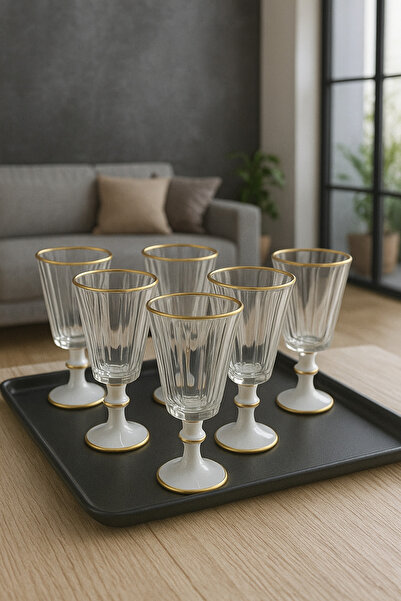 YzHome 6 Lı Flüt Yaldızlı Kahve Yanı Su Bardağı Kadeh Kupa Bardak