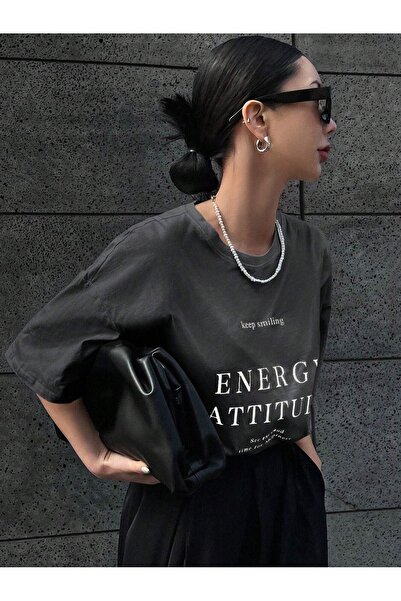 DUBU BUTİK Energy Attitudy Single Jersey T-Shirt - Smoke Printed Oversize Crew Neck Short Sleeve T-Shirt