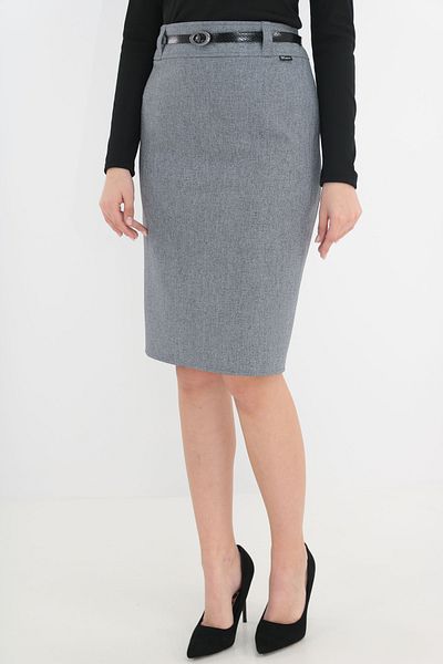 Trend Land Tapered skirt made of gray fabric accessorized at the waist with a belt