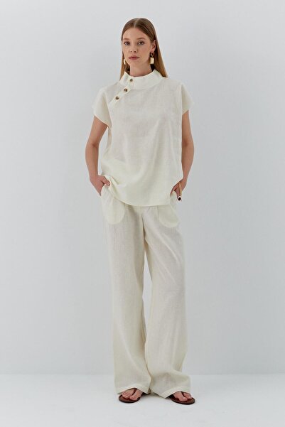 MARKALİSTE Костюм з високим коміром без рукавів з льону, екрю