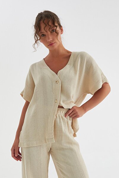 MARKALİSTE Beige Color Straw Linen Shirt and Trousers Set