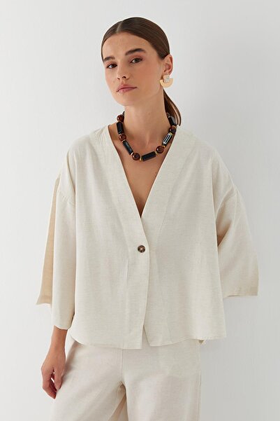 MARKALİSTE طقم بنطلون كيمونو من الكتان إكرو