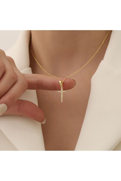 Rachel Silver 925 Ayar Gümüş Altın Renk Zirkon Taşlı Ayarlanabilir Haç Kolye