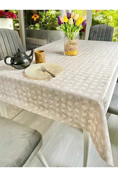 LİMAY 1. مفرش طاولة من مادة PVC - مفرش طاولة باللون البيج مع أوراق بيضاء - غير قابل للانزلاق - قابل للمسح/قابل للغسل