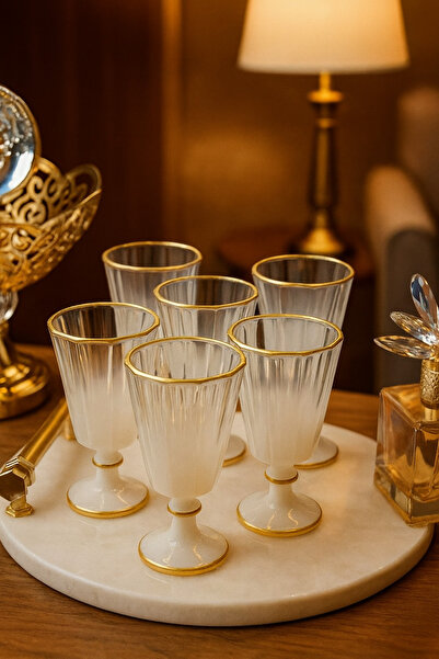 YzHome 6 Lı Flüt Renkli Yaldızlı Kahve Yanı Su Bardağı Kadeh Kupa Bardak