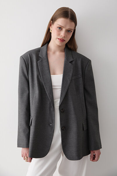 JASTE Kadın Antrasit Düğme Detaylı Oversize Blazer Ceket