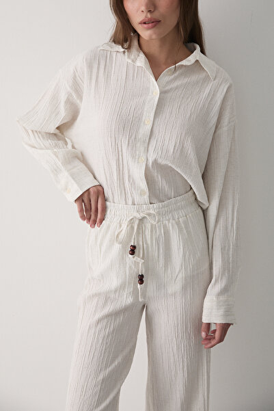 JASTE Women's Ecru Oversize Linen Shirt & Trousers Set with Laces