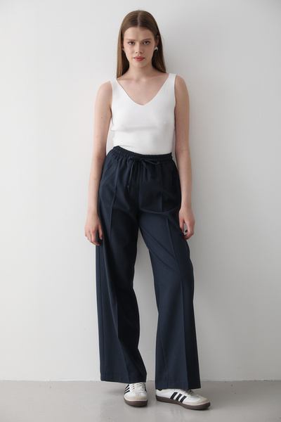JASTE Women's Navy Blue Elastic Waist Wide Leg Palazzo Trousers