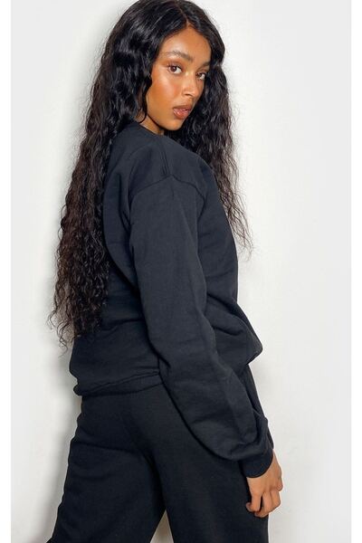 DUBU BUTİK Μίνιμαλ Σετ Φούτερ Jogger - Τυπωμένο Oversize Crew Neck Raised Rubber Leg