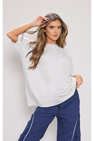 DUBU BUTİK Plain Single Jersey T-Shirt - Gray Oversize Crew Neck Short Sleeve T-Shirt
