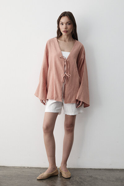 JASTE Women's Salmon Bat Sleeve Double Tie Kimono 100% Cotton