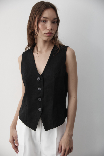 JASTE Women's Black Lined Button Detailed Linen Vest