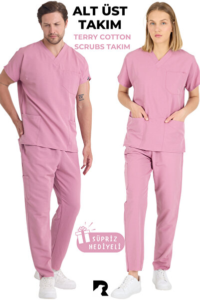 KARGA ÜNİFORMA Gül Kurusu Terry Cotton Unisex Medikal Hemşire Ve Doktor Ünifo...