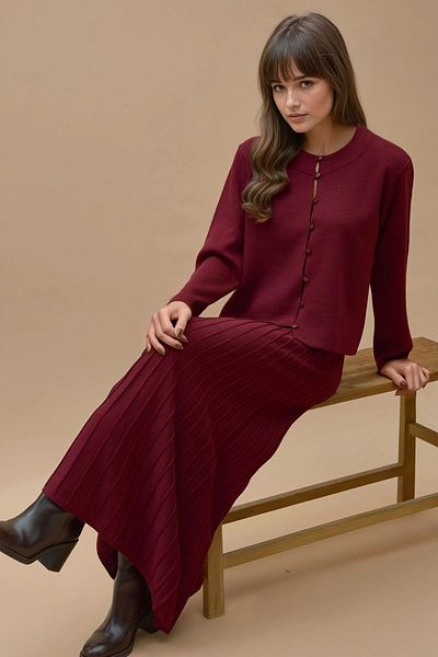 Hiccup Textured Knit Suit with Round Neck Cardigan and Flared Skirt