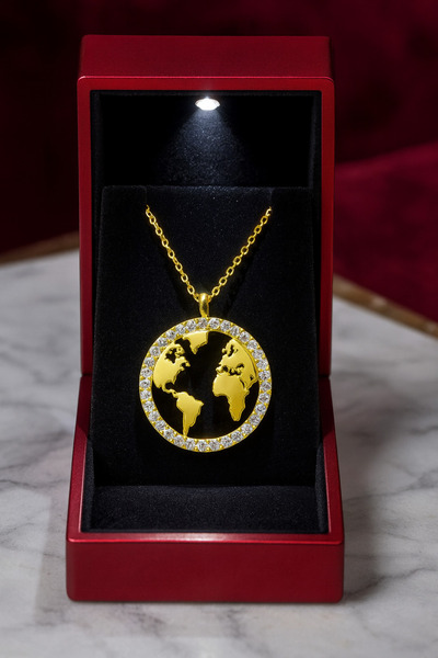 KAR DİAMOND 14 Ayar Altın Zincirli Zirkon Taşlı Dünya Haritası Kolye - Sertif...
