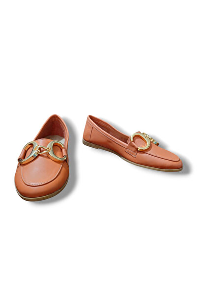 BARONES SHOES Salmon Genuine Skin Leather Women's Loafer with Gold Buckle