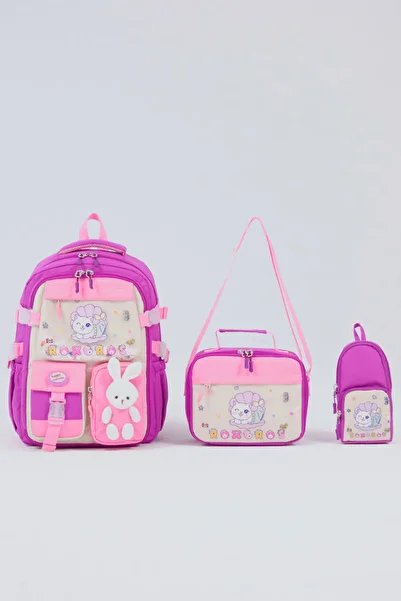 Roxbros Cat Korean Style 3-Piece Girls' School Bag Set - Primary School Bag with Pen Holder and Thermal Nutrition