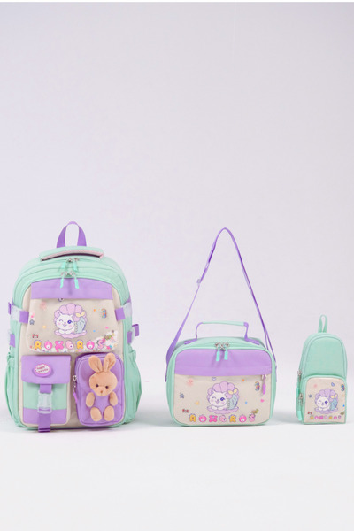 Roxbros Cat Korean Style 3-Piece Girls' School Bag Set - Primary School Bag with Pen Holder and Thermal Nutrition