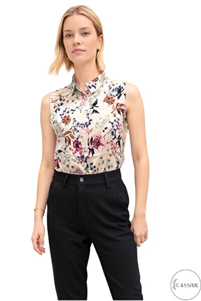 Cassime Kadın Mor Çiçekli Yarasa Kısa Kollu Yazlık Düğmeli Gömlek