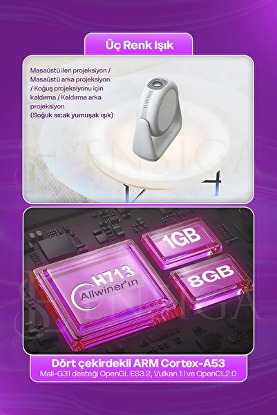 EN SİGA Bluetoothlu Android 4K Görüntülü Hoparlörlü Taşınabilir Sinema Projektörü