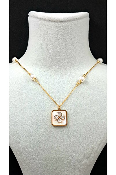Zarafet Takı Gold Minimal Zincir İnci Detay Sedefli Kare İçinde Taşlı Yonca Tasarım Çelik Kolye 45 cm