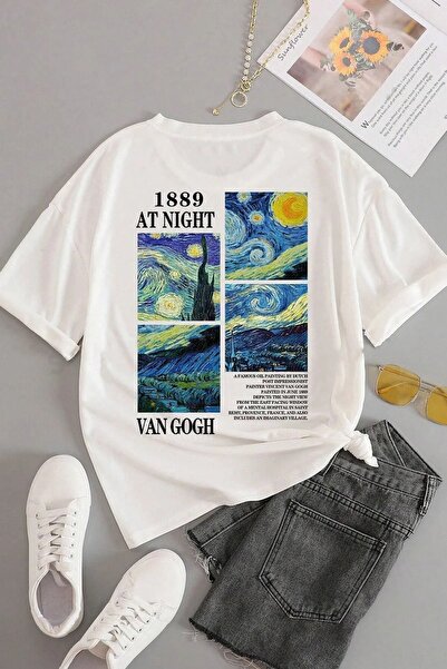 one button Unisex Van Gogh Baskılı Basic Bisiklet Yaka Regular T-shirt %100 Pamuk