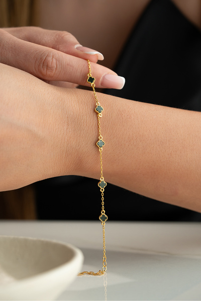 Silvano Jewelry 925 Ayar Gümüş Siyah Taşlı Yonca Bileklik