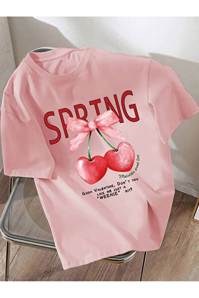 Elvino Kalpli Kiraz Baskılı Oversize Rahat Kalıp Bisiklet Yaka  Kadın Tshirt