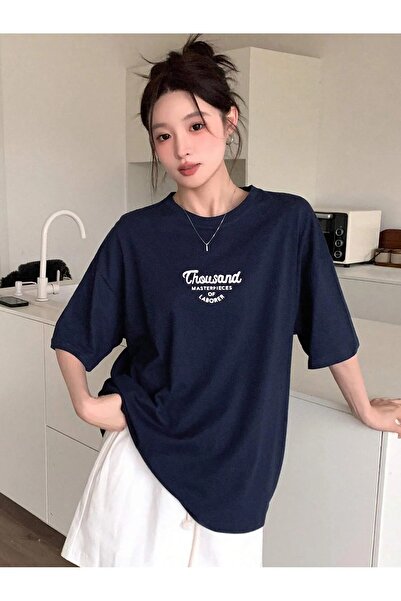 Elvino Lacivert Oversize Unisex Baskılı Yazlık Tshirt