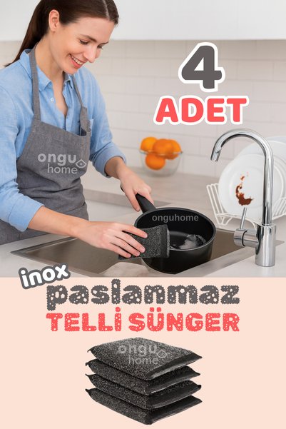 ongu home 4 Adet Inox Bulaşık Süngeri Paslanmaz Telli Sihirli Bulaşık Süngeri...